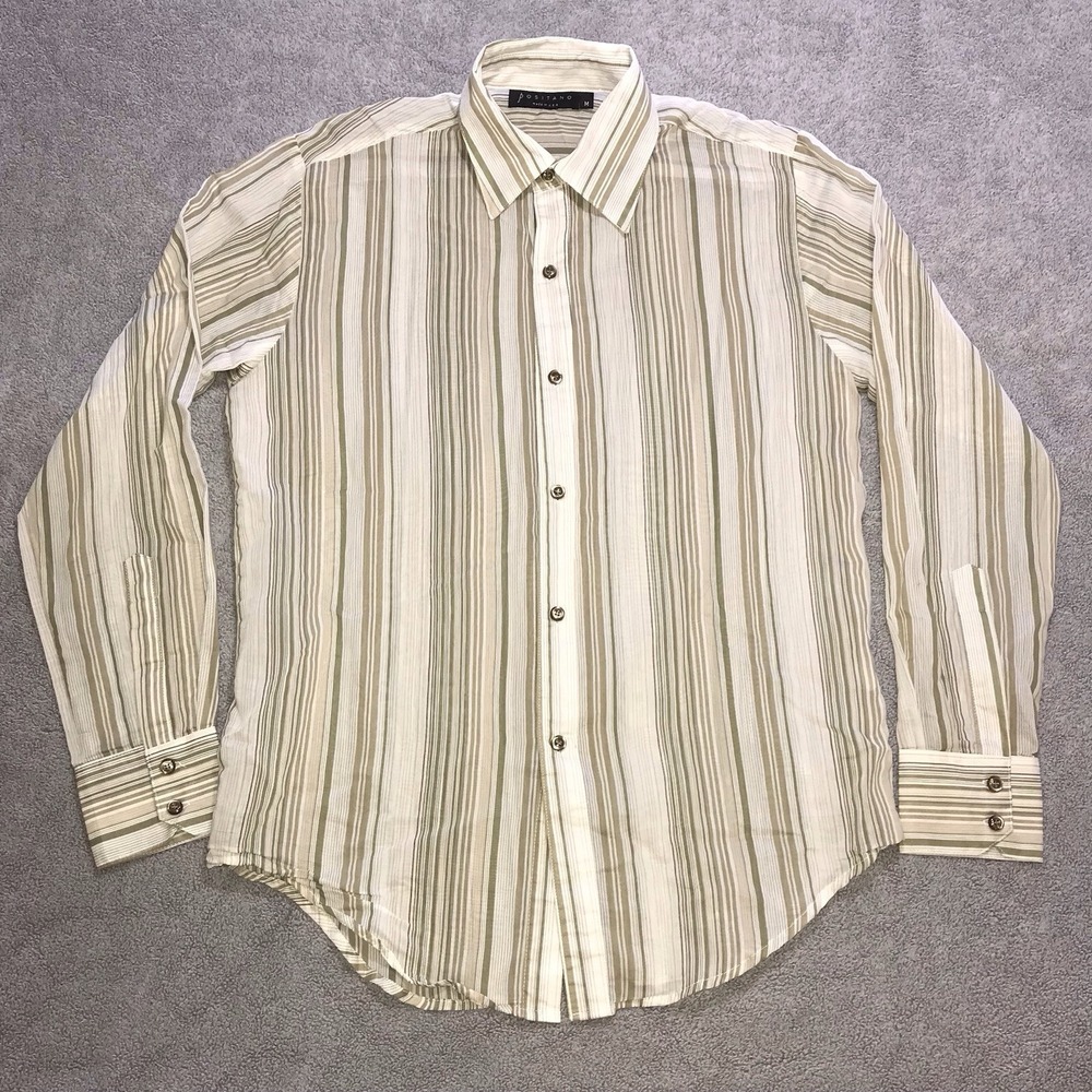 Positano Button Up Shirt Men's Medium Striped Khaki Green White Long Sleeve‎ USA